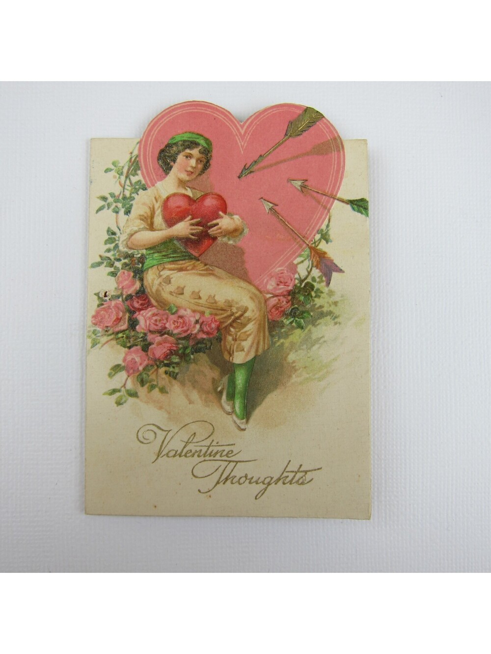 Vintage Valentine 1920s Girl Pink Heart Target Gold Arrows Pink Roses Red Heart